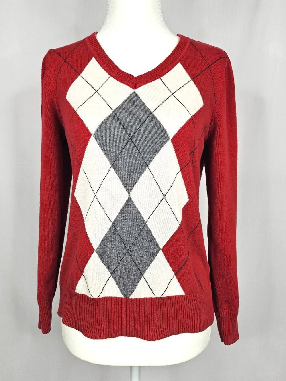 St. John's Bay | Red Argyle Cotton V-Neck Sweater | Petite S